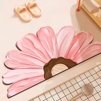 1pc Floral Silicone Bathroom Mat, Artistic Flower Design Bath Rug, Pebble Bathroom Carpet, Round