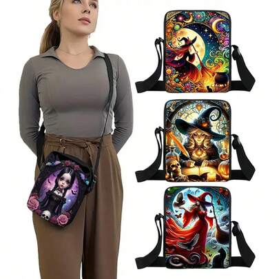1 pieza Bolso de hombro de poliéster estilo vintage de bruja, con diseño vívido de bosque otoñal, poliéster duradero, cierre con cremallera segura, cartera de mujer para uso al aire libre, bolso bandolera portateléfono, bolso de mano de poliéster ligero con cremallera, correa ajustable, hebilla desmontable, bolso de hombro de doble cubierta, adecuado para uso diario, viajes, salidas, Navidad