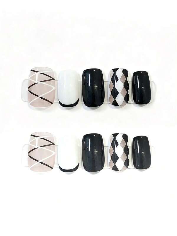 10 pezzi di unghie finte corte e quadrate, realizzate a mano, in stile bianco e nero, francese, Y2K, dolce e cool, semplice, a quadri, adatte per donne e ragazze, per l'autunno, l'inverno, festival e feste, e per l'uso quotidiano