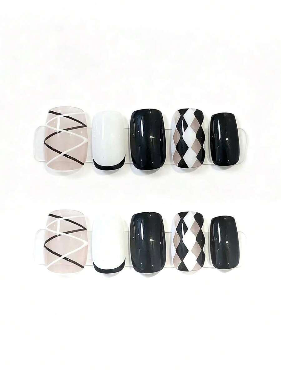 10 pezzi di unghie finte corte e quadrate, realizzate a mano, in stile bianco e nero, francese, Y2K, dolce e cool, semplice, a quadri, adatte per donne e ragazze, per l'autunno, l'inverno, festival e feste, e per l'uso quotidiano