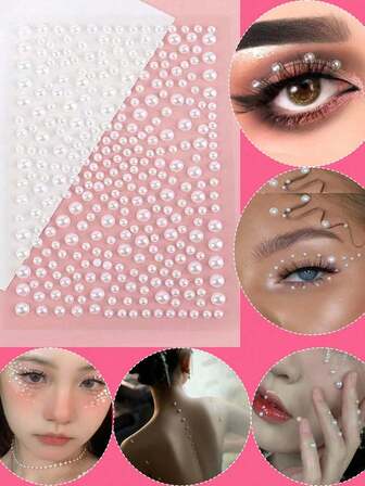 1pc Beautiful White Pearl Design Face Jewel Sticker, Approx. 300 Pearls, Elegant Bridal Body Jewelry Decoration, Suitable For Decorating Eyes, Face, Ears, Brow, Hair, Collarbone, Arms For Makeup, Stage, Festival, Party, Daily Wear