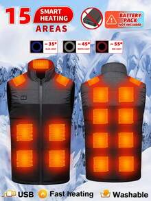 Colete aquecido unissex, roupa aquecida, equipado com uma jaqueta elétrica USB com 3 configurações de temperatura, com dois controles de interruptor e 15 zonas de aquecimento, adequado para acampamentos ao ar livre, ciclismo, caminhadas, pesca, esqui e roupas quentes para atividades ao ar livre (bateria não incluída).