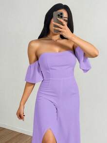 Jumpsuit elegante de pierna ancha con hombros descubiertos para mujer, mono largo bohemio con mangas cortas y volantes para fiesta, tejido muy elástico - Lila Púrpura - Ver 2