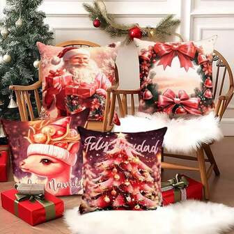 Juego de 4 Fundas de Cojín Decorativas Navideñas con Estampado de Santa Claus y Muñeco de Nieve, Fundas para Almohada de Sala, Sofá, Hogar y Decoración de Navidad