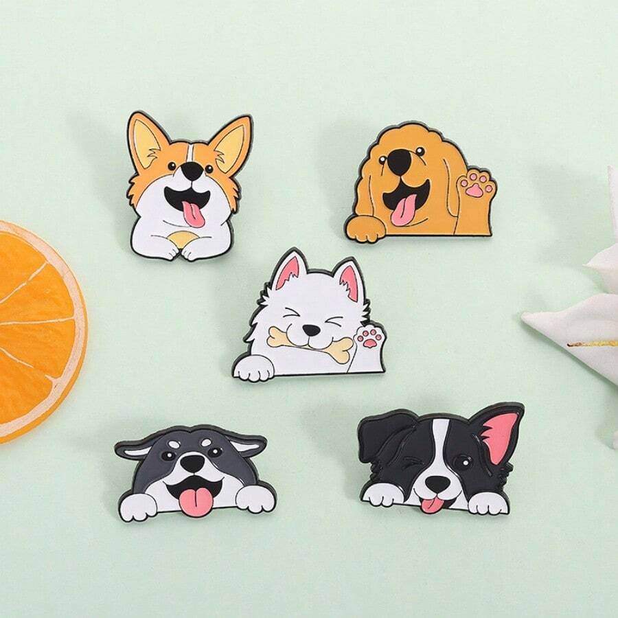 4pcs/Set Cute Animal Brooches, Versatile Dog Corgi, Cat, Husky Metal Badges In Korean/Japanese Style