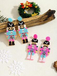 2pcs Bohemian Handmade Beaded Crystal Nutcracker Soldier Drop Earrings For Women, Festive Christmas Holiday Party Daily Wear Jewelry(Handmade Version, With Slight Variations)