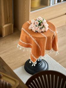 1pc Orange Geometric Striped Embroidered Tablecloth, American Style, Suitable For Kitchen, Dining Table, Coffee Table, Office Desk, Cabinet, Small Appliances, Home Decor, All Seasons - Orange - View 4