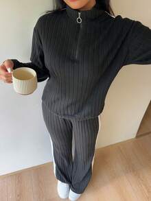 2pcs Women Casual Ribbed Knit Zip-Up Crop Top And Wide Leg Sweatpants Set, Suitable For Outdoor, Jogging, Walking, Street Wear In Spring And Autumn, Winter Clothes - Black - View 9