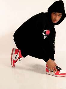 2025 New Style Fashion Unisex Spider Web Foam Print Hip Hop Loose Heavyweight Terry Hoodie - 黑色 - 查看 5