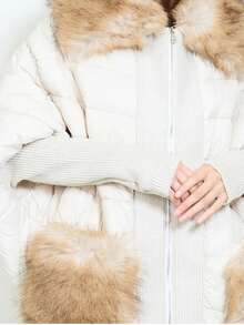 Women's Casual Plain Padded Coat With Faux Fur Collar And Pockets Warm Lined Quilted Regular Length Winter Jacket With Double Zipper - White - View 2