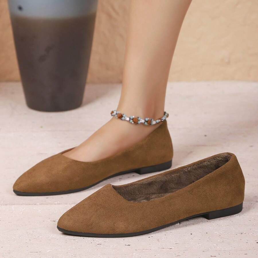 Women's Pointed Toe Flats, Suitable For Outdoor, Office, Fashion Solid Color Warm Lining Shoes For Autumn/Winter