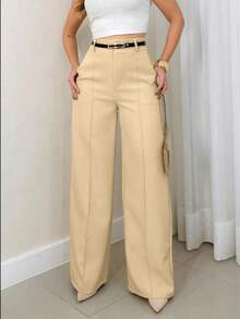 Calça Feminina Alfataria Social com Cinto Pantalona Luxo - Bege - Visão 3
