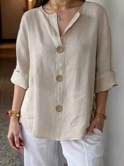 Blusa de mujer talla grande de unicolor con botones delanteros