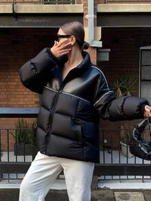 Livesso Women's Autumn/Winter PU Leather Patchwork Loose Casual Street Style Padded Coat Jacket - Black - View 4