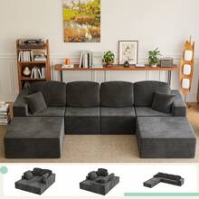 Devoko 126'' Modular Sectional Sofa, Convertible U Shaped Cloud Couch, Corduroy Boneless Sectional Couches For Living Room, No Assembly Required - 黑色 - 查看 2