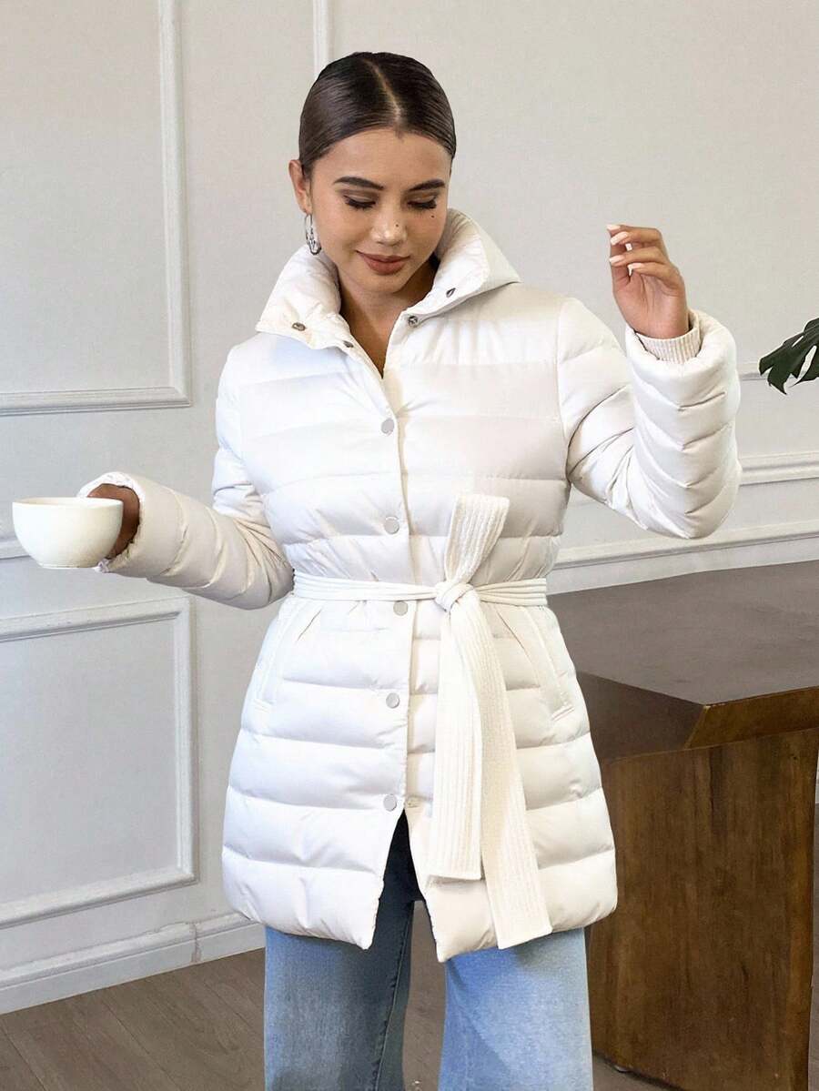 Livesso Áo khoác nữ dáng ôm, nhẹ, đệm lưng kẻ caro, thời trang thu/đông - Màu be - Xem 1
