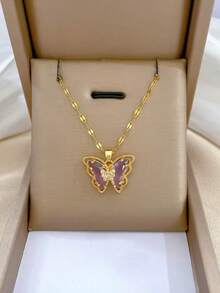 A Elegant Purple Butterfly Necklace With Golden-Tone Pendant - Vintage-Inspired Jewelry Gift For Women, Birthday, Anniversary, Valentine's Day & Mother's Day, Special Occasion Accessory, Sophisticated Accessory