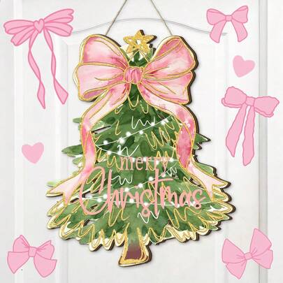 Christmas Door Sign Pink Christmas Tree Wreath For Front Door Cute Pink Bow Wooden Welcome Hanging Sign Decorations Xmas Decorations Indoor For Farmhouse Home Outdoor Porch Window Wall Decor