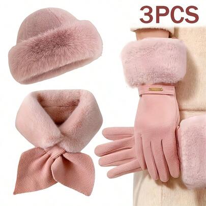 This 3 Pieceswinter Accessory Set Includes A Fashionable Touchscreen Fingerless Gloves, A Thick Cross Scarf, And A Plush Beanie Hat, Perfect For Cold Weather And Outdoor Activities. It Makes An Ideal Gift For Christmas Or Valentine's Day. Valentines Gift