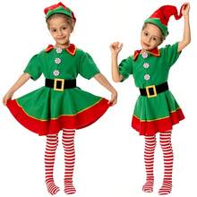 圣诞精灵儿童套装万圣节角色扮演服装儿童绿裙子+条纹袜+尖顶帽+腰带角色扮演派对服装 - 綠色 - 查看 2