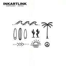 INKARTLINK Temporary Tattoos With Tropical Elements - Waves, Surfboard, Cactus, Palm Trees, Sunset, Peace Sign. Waterproof, Long-Lasting 1-2 Weeks, Unique Design Fake Tattoos - Black - View 3