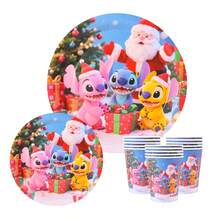 Disney Fournitures de fête sur le thème de Noël Stitch & Friends, assiettes en papier jetables de 7/9 pouces, gobelets, serviettes, décorations de fête, assiettes jetables, gobelets, serviettes, décorations de fête, anniversaire, célébration, cadeau