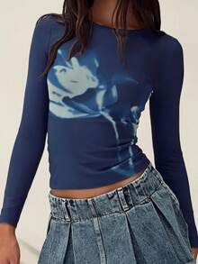 Women's Spring Fall Floral Tops Long Sleeve Round Neck Slim Fit Blouse For Party - Azul - Ver 2