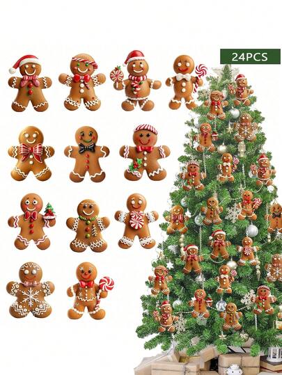 24 件套木制姜饼圣诞树装饰品 - 色彩缤纷的节日装饰品，适用于家居和派对，用途广泛，可悬挂于圣诞树、感恩节、新年和其他节日，节日造型，可装饰圣诞树、壁炉和房间。圣诞装饰品，冬季圣诞装饰品，家居圣诞礼物，圣诞装饰