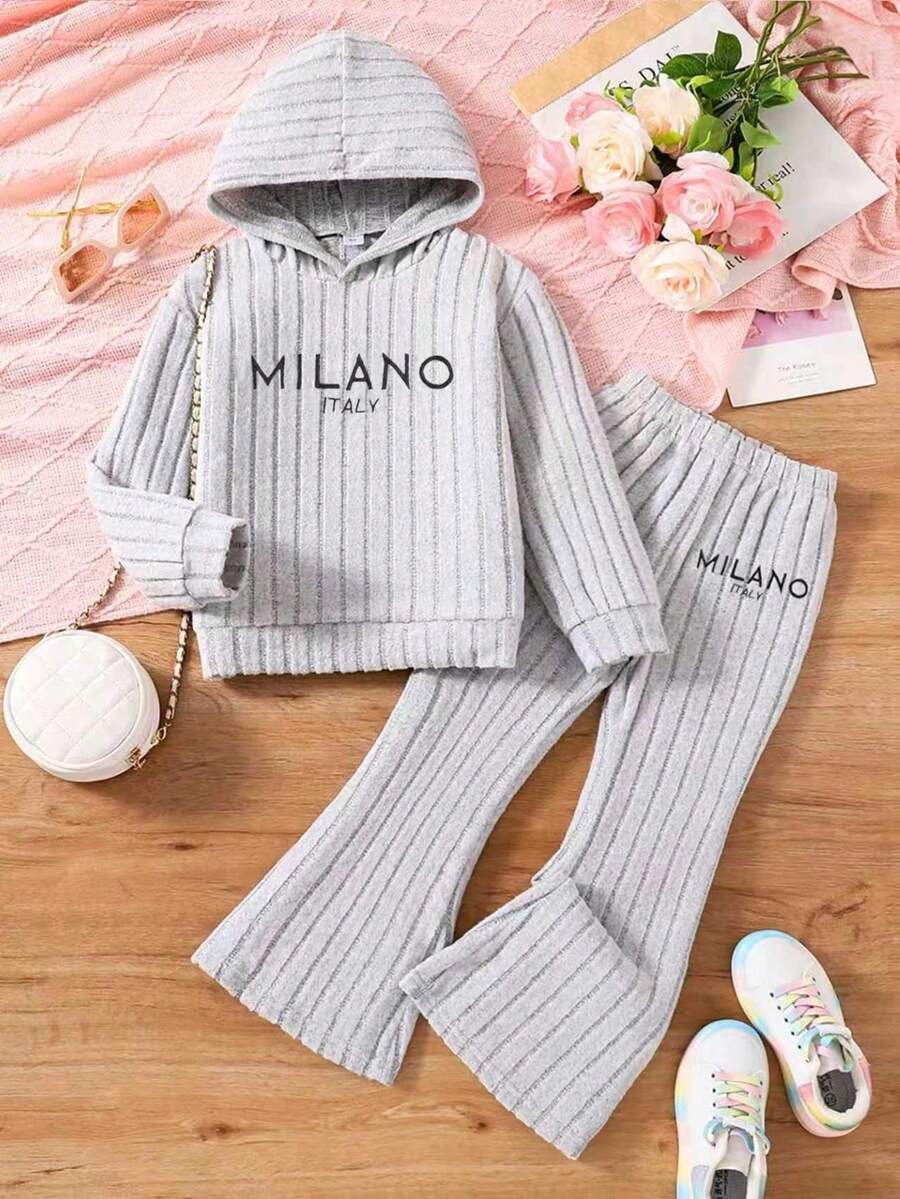 Young Girl Embroidered Letter Ribbed Hoodie And Flare Pants Set - Grey - View 1
