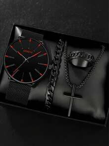 4-Piece Stylish And Simple Men's Gift Set: Disc Casual PU Leather Quartz Watch, Black Cross Necklace, Bracelet And Ring - Men's Business Casual Accessories, The Best Gift For Classmates, Colleagues And Friends