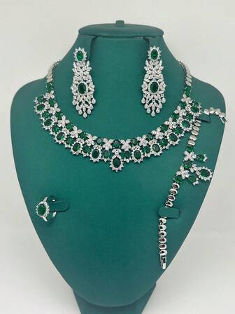 5 st/set halsband med modesmycken för kvinnor. Halsband, örhängen, ring, armband, 4-delat smyckeset med kopparfärgade kubiska zirkoniastenar. Mellanöstern-, europeisk-, amerikansk brud-, kvällsfestkläder. Present till mamma, flickvän, lärare, lyxig Ramadan-present.