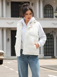 女士羽绒背心，纯色梭织面料，带抽绳，适合冬季日常穿着 - 白色 - 查看 9