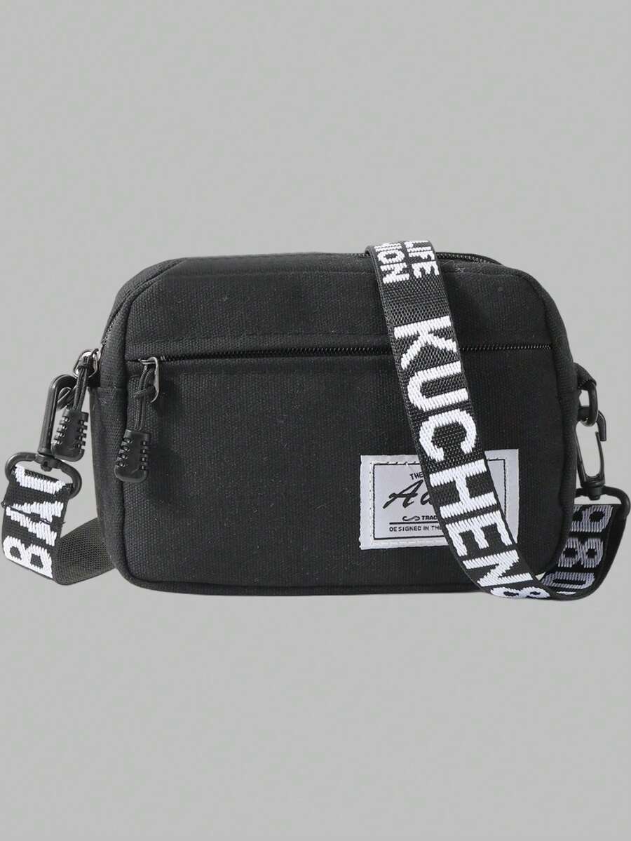 Bolso cuadrado con correa de letra mini, bolso de hombro para la escuela, festival de música, festival Y2K, regreso a la escuela, otoño e invierno - Negro - Ver 1