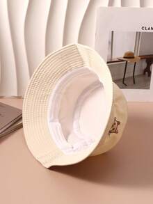1pc Women's Beige Embroidered Cat Canvas Bucket Hat, Unisex Regular Style, Fashion & Versatile Sun Hat