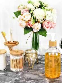 [4pcs Bamboo Set] 4pcs Bamboo Bathroom Accessories Set Rustic Boho Decor, Soap Dispenser, Toothbrush Holder, 2 Swab Holder Jars, Bathroom Home Decor Essentials, Swabs Pads And Toothbrush Not Included