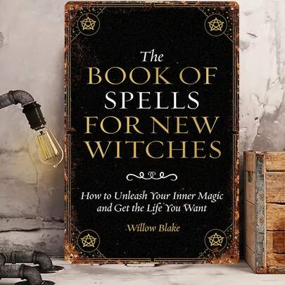 1pc, "The Book Of Spells For New Witches" Aluminum Sign, 8x12 Inches (30x20cm), Vintage Wall Art, Rustic Home & Bar Decor, Festive Holiday Plaque, Wall Hanging, Indoor & Outdoor Decor, English Language.