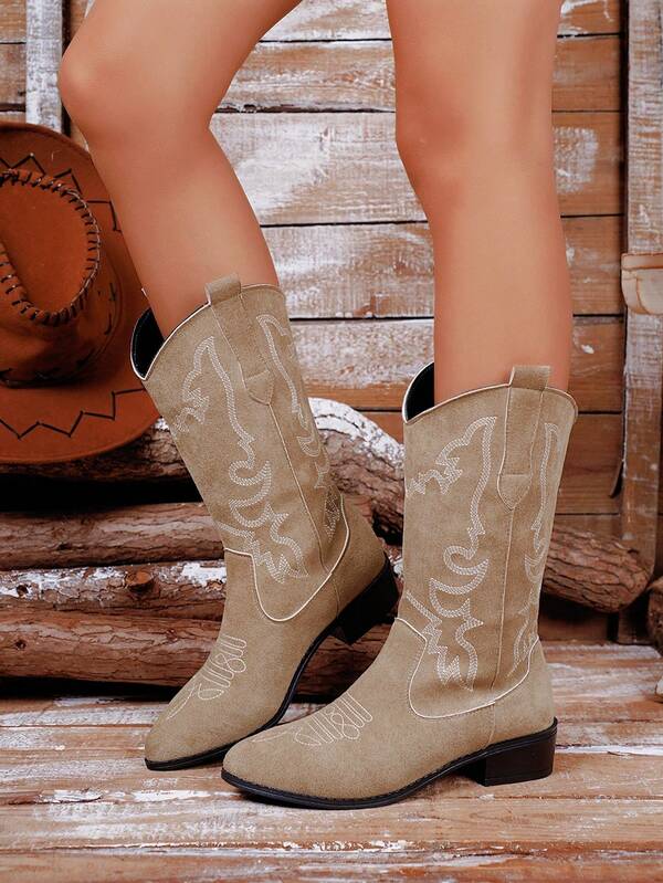 Women's Western Cowboy Boots - Over-The-Knee Wide Calf Cowgirl Boots, Fashion Classic Wing Embroidery, Pull-On Pointed Toe Chunky Heel Vintage Classic High Shaft Boots, Suitable For Girls And Ladies In Autumn/Winter