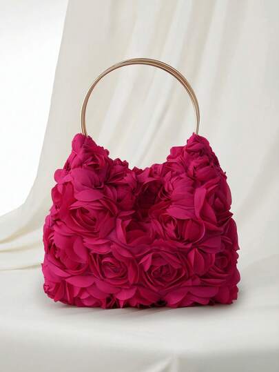 Clariva Bolso de mano de noche con flor de rosa elegante, bolso formal de fiesta para mujer, bolso de mano dulce para niña, bolso cubo de unicolor, bolso de novia (patrón aleatorio), bolso floral exquisito para mujer como regalo de Navidad