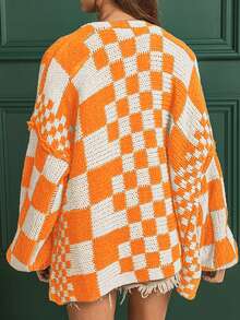 前开式混合格纹针织开衫 - 橘色 - 查看 7