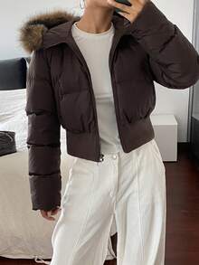Livesso Casaco feminino acolchoado de algodão com capuz e acabamento fofo, jaqueta de inverno - Castanho Café - Ver 6