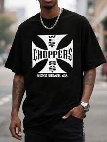 Camiseta gráfica para hombre, diseño genial de cruz de motocicleta, camisa casual de verano, elegante camiseta de manga corta, cómoda mezcla de algodón, estampado único, regalo perfecto para motociclistas, moderna y actual, material de alta calidad, tela transpirable, lavable a máquina, duradera y de larga duración. - Negro - Ver 1