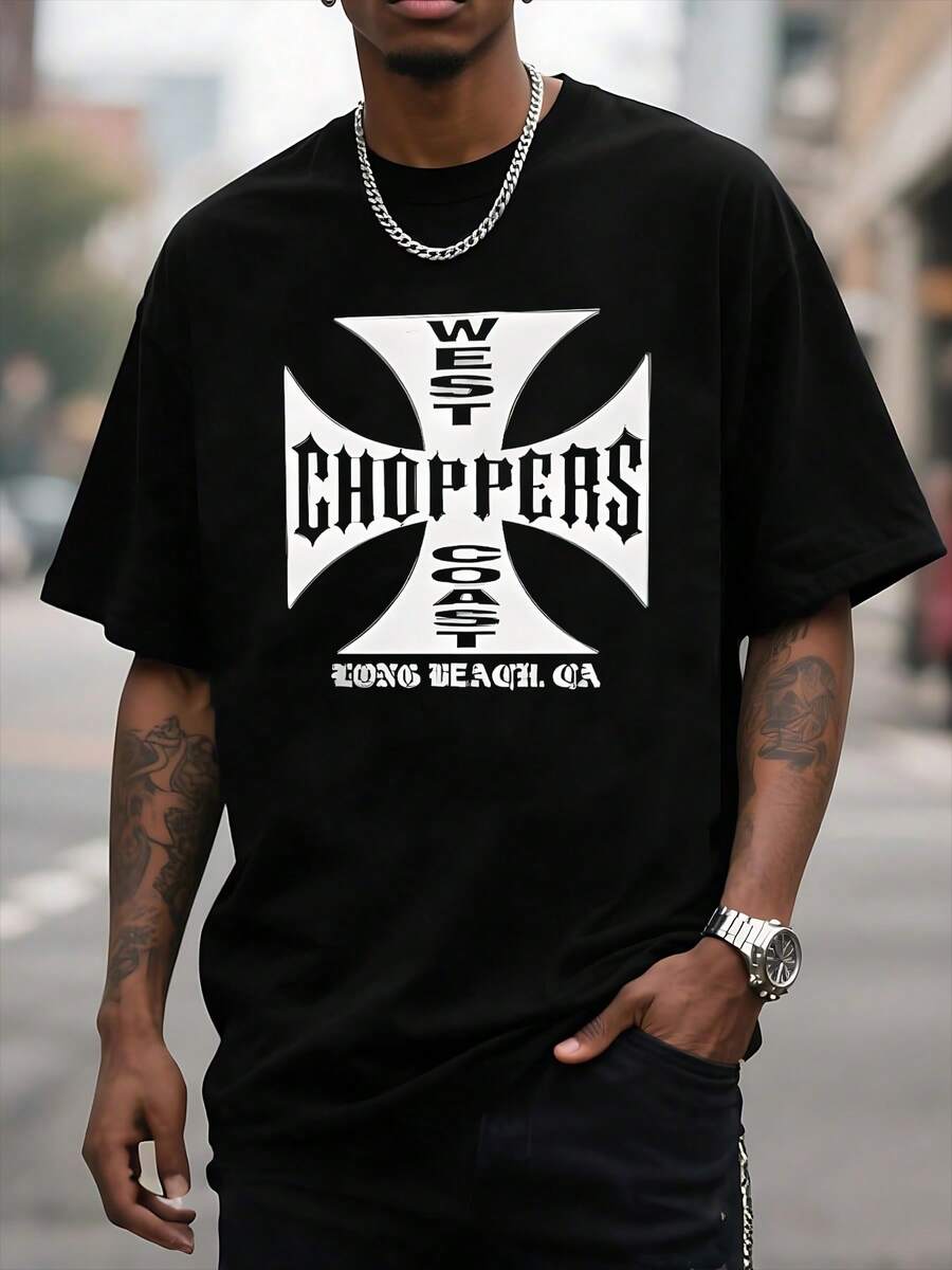 Camiseta gráfica para hombre, diseño genial de cruz de motocicleta, camisa casual de verano, elegante camiseta de manga corta, cómoda mezcla de algodón, estampado único, regalo perfecto para motociclistas, moderna y actual, material de alta calidad, tela transpirable, lavable a máquina, duradera y de larga duración. - Negro - Ver 1