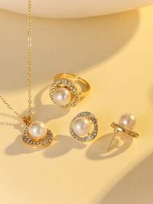 4 件套优雅珍珠镶嵌项链戒指耳环首饰套装适合女士婚礼派对 - 金色 - 查看 2