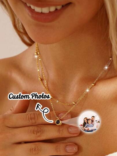 Custom Personalized Double Chain Projection Necklace Custom Picture Layered Necklace Photo Necklace Memorial Jewelry Best Friend Gift For Her Birthday Halloween Christmas Gift