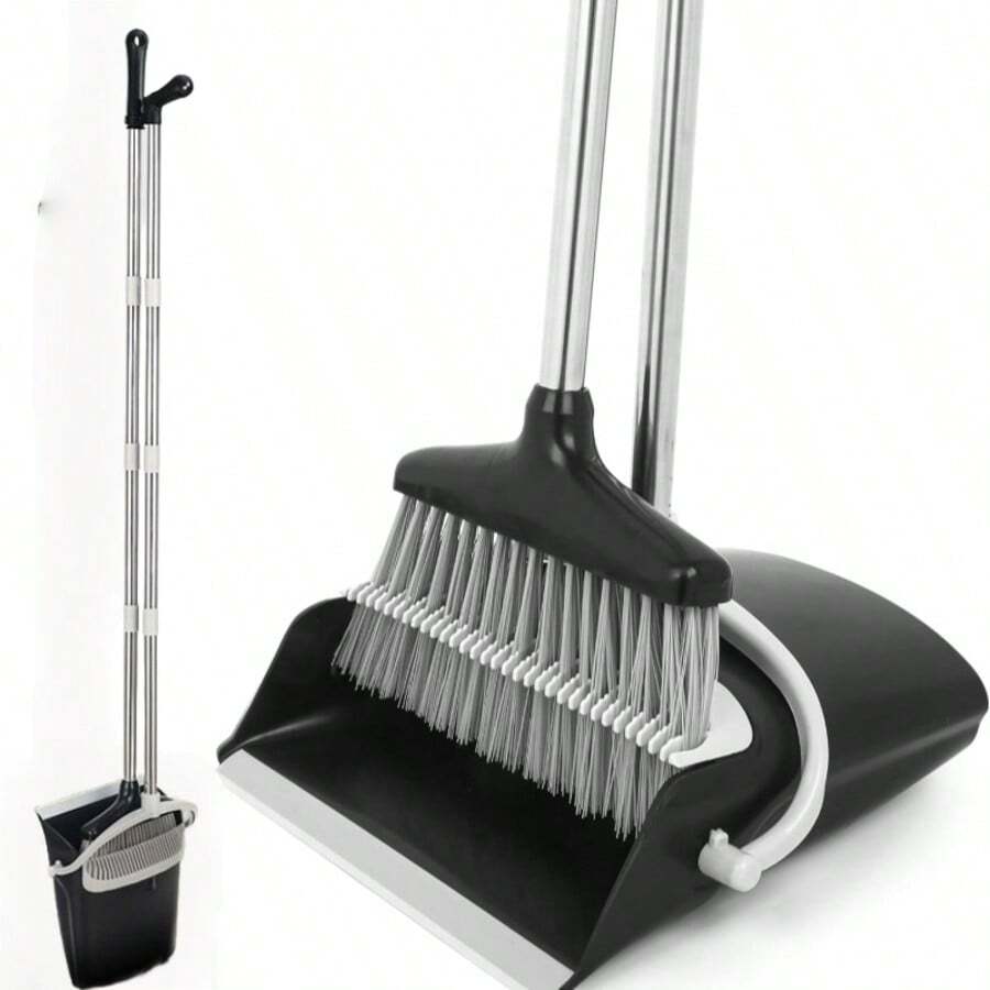 Broom And Dustpan Set,  Long Adjustable Handle Broom Dustpan Combo With Dustpan Teeth To Automatically Clean Hair Suitable For Home Kitchen Office Hall Floor
