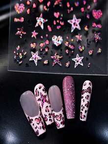 1 pieza Pegatinas de uñas con brillo 5D de estampado de leopardo, decoraciones de uñas con brillo/estampado de leopardo, estrellas, corazones, lazos, arte retro Y2K autoadhesivo para manualidades de manicura de Halloween y Navidad, suministros para uñas