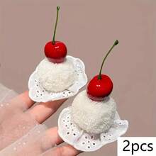 Sweet Cherry Cake Hair Clip Cute Ball Hair Accessory Christmas Birthday Party Bangs Side Clip Decorative Hairpin - 2件櫻桃蛋糕髮夾 - 查看 2