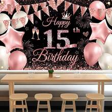 Black Pink Happy 15th Birthday Banner Backdrop Kit With 12 BalloonsCake Topper1.8m X 1.15m Birthday Decorations For Parties Photography Premium Party Supplies For Women Girls