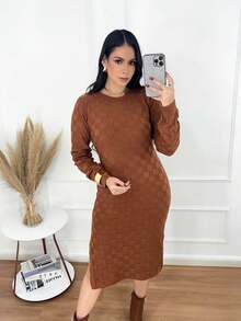 WOMEN'S MODAL KNITTED DRESS, ROUND NECK, MIDI, WITH SLIT, AUTUMN/WINTER - 駝色 - 查看 1