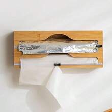 1pc Bamboo Plastic Wrap Dispenser - Aluminum Foil & Cling Film Storage Box For Kitchen Organization - Khaki - View 6